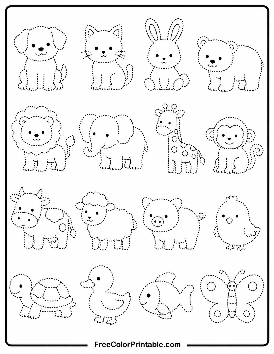 Animal Tracing And Colouring Sheet